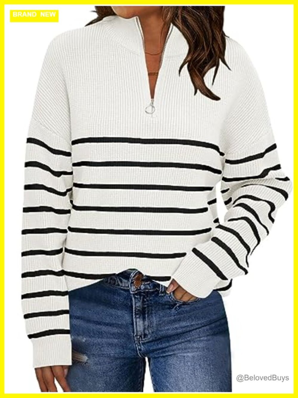 Oversized Quarter Zip Striped Knit Sweater Women Viscose Blend